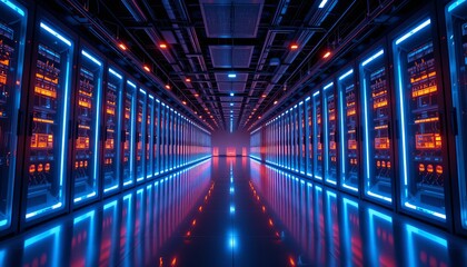 Illuminated server room with glowing blue and orange lights reflecting on the floor surface