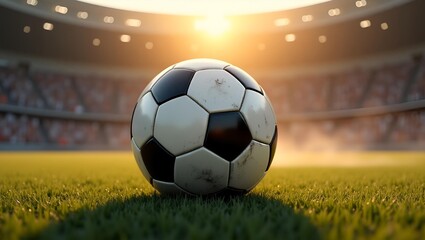 Fototapeta premium Soccer Ball on Stadium Field at Sunset – Sports Photography