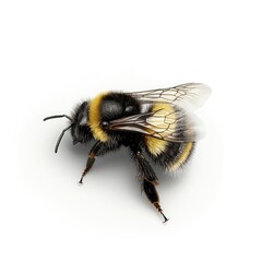 A realistic photograph of a bee isolated on a white backg side view, with a transparent PNG cutout, no shadow or backg high resolution, and a hyperrealistic