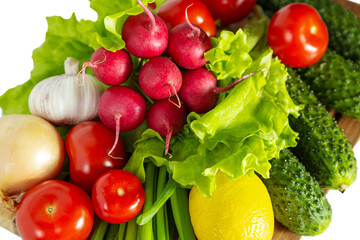 Set of fresh vegetables and fruits close-up. Healthy eating concept.