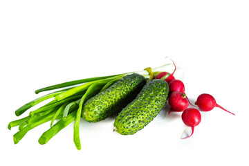 Green onion, radish, cucumber isolated on white background.  Healthy eating concept.