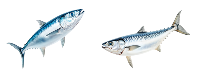 Set of Fresh Spanish mackerel fish with detailed scales and fins isolated on white transparent background. Concept of seafood and marine life