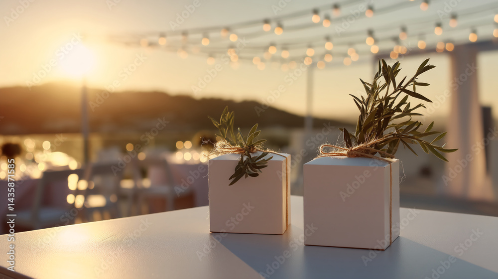 Poster two white boxes with greenery adornments sit on a table at sunset, showcasing a minimalist and elega