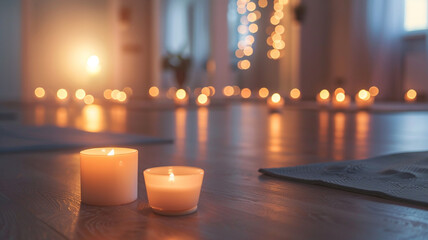 Relaxing candlelight yoga and sound bath setting. Mats, glowing candles,