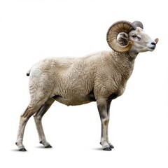 Fototapeta premium A full body shot of a light colored ram with large curved horns on a white background in studio light
