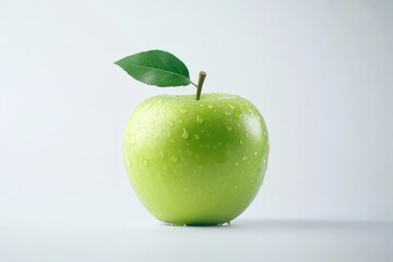 Fresh and Vibrant Green Apple with Leaf on a Clean White Background