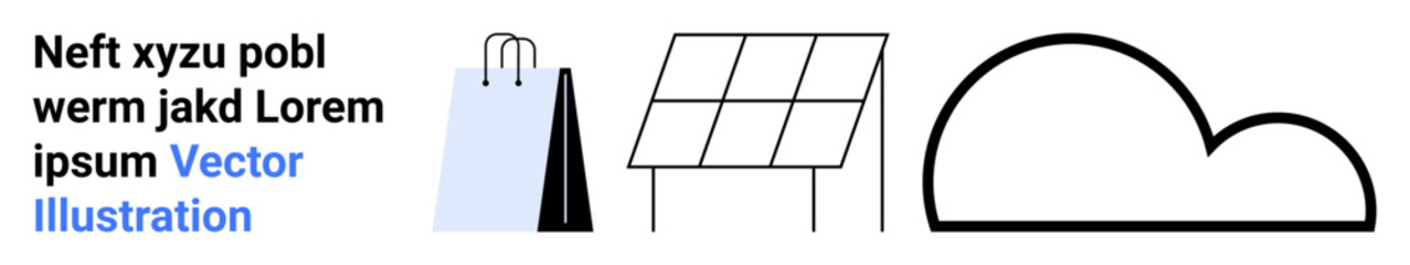 Shopping bag, solar panel, and cloud represent sustainability, clean energy, and modern eco-conscious practices. Ideal for environment, technology, renewable energy, shopping apps innovation