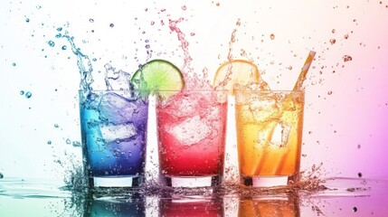 Colorful Cocktails with Ice and Citrus Splash