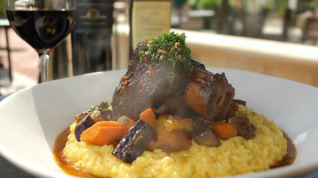 Slow cooked shank osso buco served over saffron risotto with eggplant, carrots, and a glass of red wine outdoors.