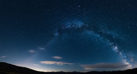 Celestial Night Landscape: Starry Sky over Mountains - Majestic night sky panorama, Milky Way arching over a dark mountain range. Symbolizing wonder, vastness, serenity, mystery, and exploration