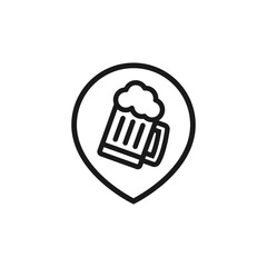 Beer glass mug with location symbol. Vector icon. Isolated illustration on white background.