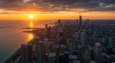Fototapeta premium Chicago Skyline Sunset Panorama - Breathtaking aerial view of Chicago's cityscape at sunset, reflecting on Lake Michigan's calm waters. Urban sprawl, golden hour light, architectural beauty