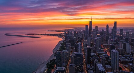 Fototapeta premium Chicago Skyline Sunset Panorama - Vibrant sunset colors paint the Chicago skyline, reflecting on Lake Michigan. A cityscape silhouette, urban beauty, coastal view, golden hour