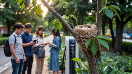 Obraz premium They notice a bird’s nest nearby while waiting at the charging station