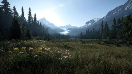 Mountain valley vista, wildflowers, tranquil scene, serene landscape