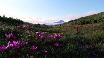 Obraz premium Icelandic wildflowers bloom at dawn near glacier mountains