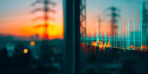 Blurred sunset view through glass screen displaying dynamic teal and orange data graph, symbolizing growth, progress, and technological advancement