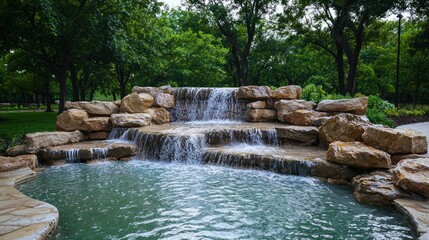 Naklejka premium Park waterfall cascading into pool, lush trees in background. Possible use nature, tranquility, design