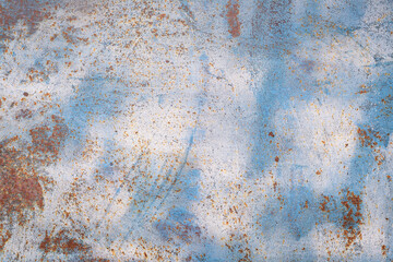 White-Blue Painted Rusty Metal Surface — Weathered Texture Background with Copy Space