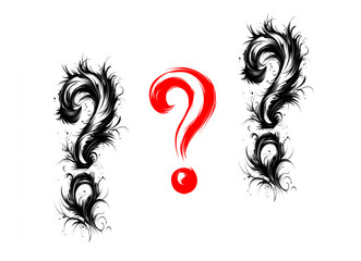 Floral question mark illustration, black and red, concept or design element, on white background.