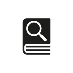Book with magnifying glass icon. Vector illustration on white background.