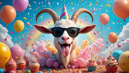Happy Goat Birthday Party with Colorful Balloons and Cupcakes