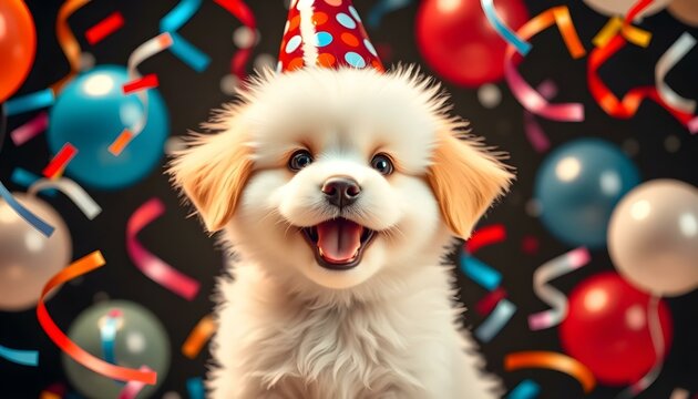 Cute fluffy puppy dog with party hat , birthday balloons . Puppy dogs party, celebration concept 