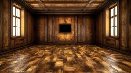 Fototapeta premium Empty Dark Wood Paneled Room with Parquet Flooring and Windows
