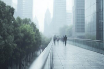 Urban walkway, hazy cityscape