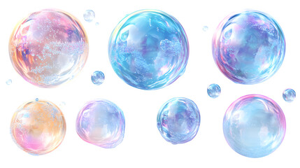 Set of realistic soap bubbles in various sizes isolated on white background