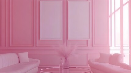 Minimalist Empty Room with Two White Frames on Pink Wall