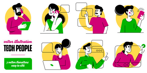 Tech People - Digital concept illustrations. Set of illustrations of women and men, various activities of online business, various device. A set of cartoon characters are talking on cell phones.