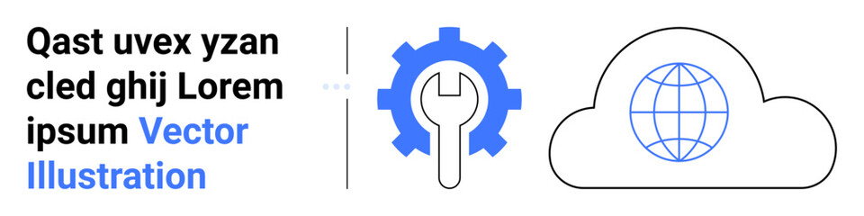 Gear and wrench indicate tools or settings near a cloud with a globe. Ideal for technology, cloud computing, networking, global connectivity, maintenance, software, simple landing page