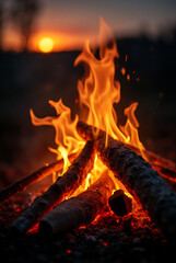 Fototapeta premium Warm Campfire Blaze in the Forest: Cozy Evening Embers and Rustic Outdoor Atmosphere