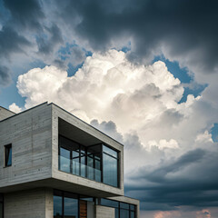 A modern concrete building with large windows under a dramatic sky filled with cumulus clouds
