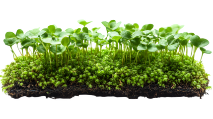 Patch of green moss with sprouts growing isolated on white background