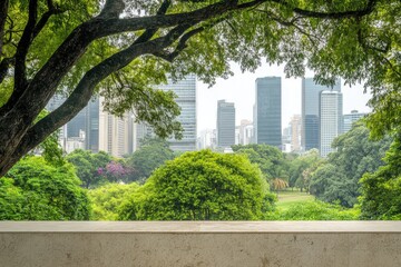Urban park view from elevated platform. Lush greenery with cityscape in the background