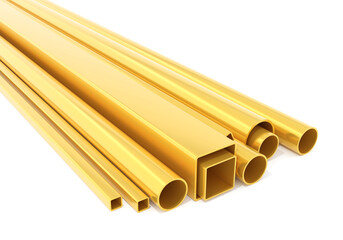 Golden steel pipes, metal tubes, square profiles, construction materials, isolated on white background, suitable for architecture, industry, building, manufacturing, and engineering projects. 3d rende