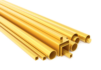 stack of pasta. Golden metal pipes, square tubes, round bars, steel profiles, isolated for construction, engineering, manufacturing, industrial, and architecture projects. 3d render.