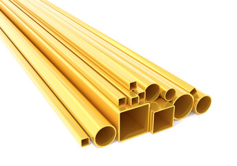Gold metal pipes, square tubes, industrial steel bars, shiny construction materials, isolated on white background, perfect for architecture, building, manufacturing and engineering projects. 3d render