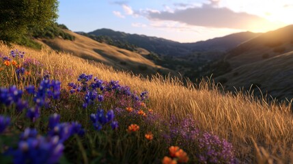 Obraz premium Sunset wildflowers hillside valley view