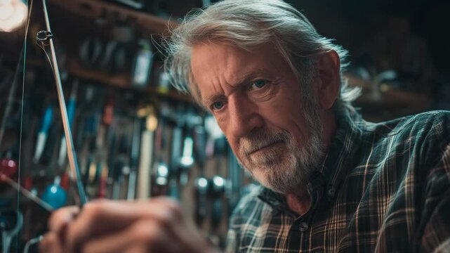 Elderly Craftsman Focused on Detailing Metalwork in a Dimly Lit Workshop with Hand Tools