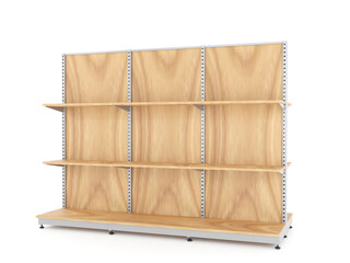 Large wooden supermarket shelf with white metal frame and adjustable levels, isolated on white background. Suitable for product display, retail store, commercial shop, or interior design. 3d render. 