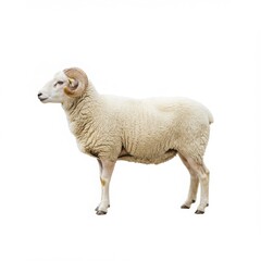 Naklejka premium A full side view of a white ram with large curved horns standing on a white background in a studio shot