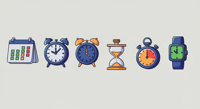Bold, cartoonish digital graphics featuring seven dark blue clock icons with thick black borders and a subtle 3D effect of color gradients and highlights. Vector Illustration