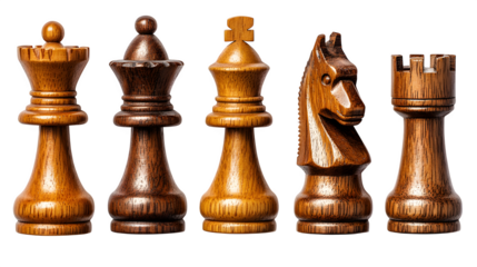Set of wooden chess pieces in various positions, strategy game concept, isolated on white background