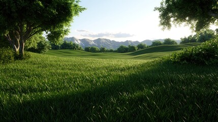 Obraz premium Lush meadow landscape, morning sun, mountains, trees