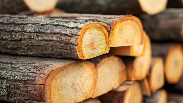 Pile of freshly cut logs with bark stacked in neat rows showcasing warm wood grain texture