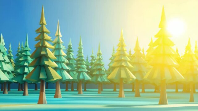 Cartoon-style low poly evergreen forest scene with animated sky and grass
