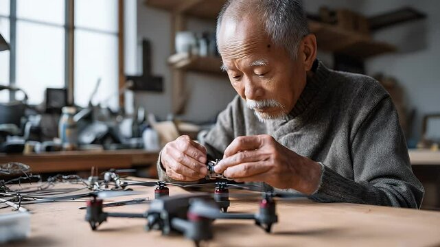 Elderly Man Assembling Drone Parts with Precision in Cozy Indoor Workshop